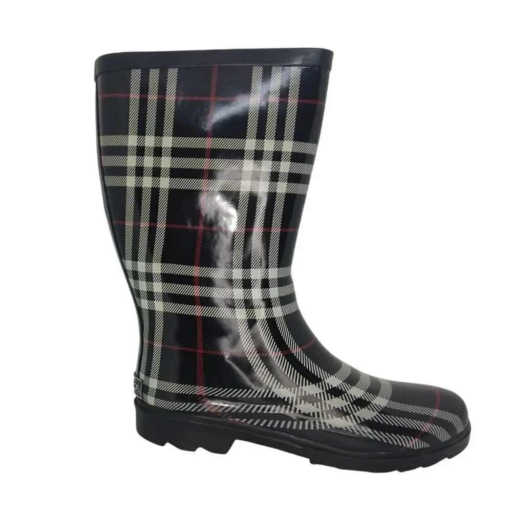 Aqua Stop Womens Pre-owned Waterproof Black/White/Red Rain Boots - sz. 8M